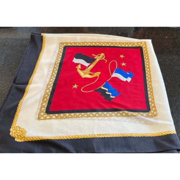 Vtg Liz Claiborne Scarf Multi-Color "Nautical Squares" With Gold Cord" Silk Silk - Picture 7 of 9